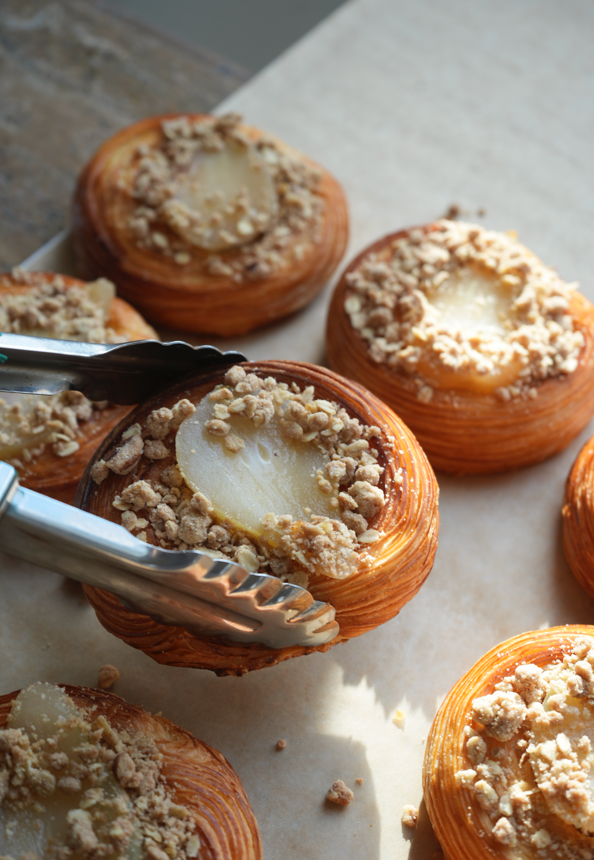 Poached Pear, Brown Butter Cream & Oat Crumble Danish